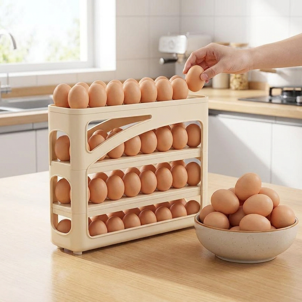 Egg dispenser on countertop with fresh eggs being loaded
