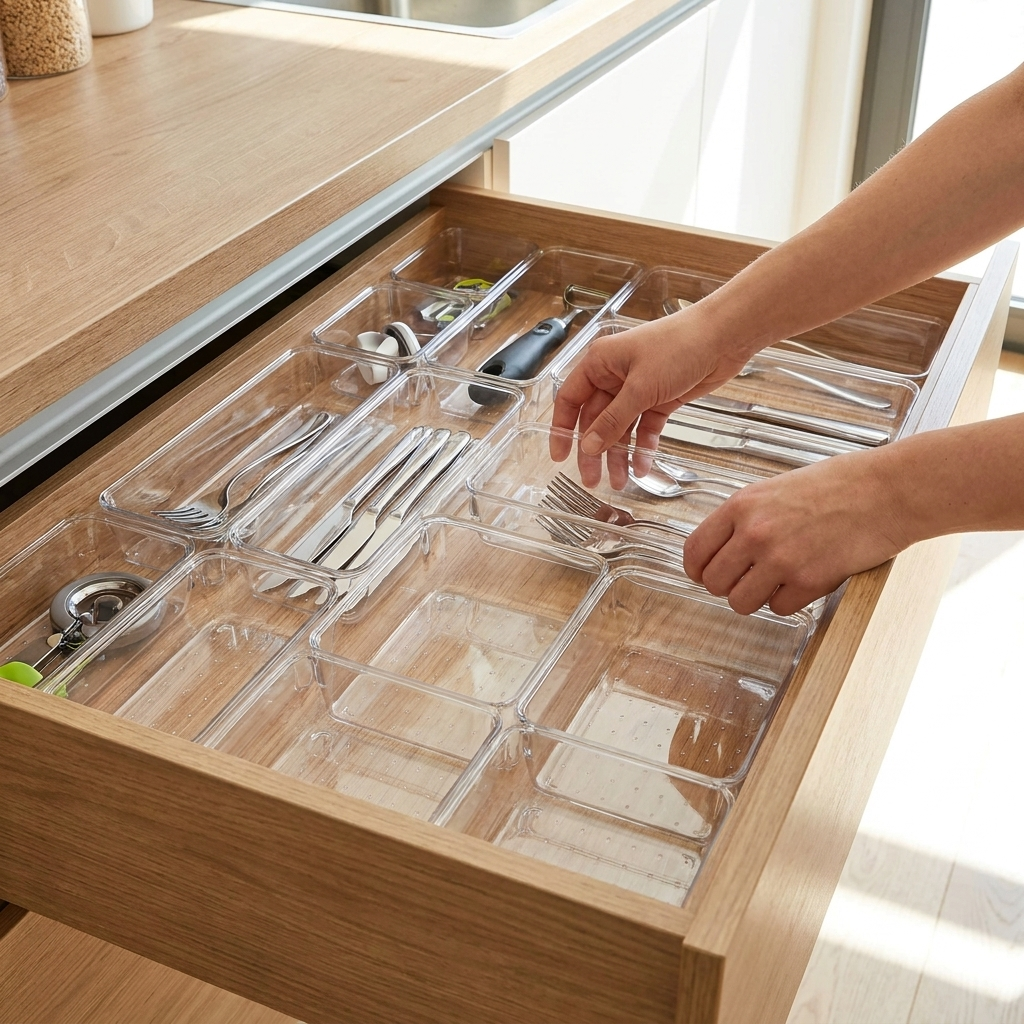 Hands arranging drawer divider boxes into a custom layout