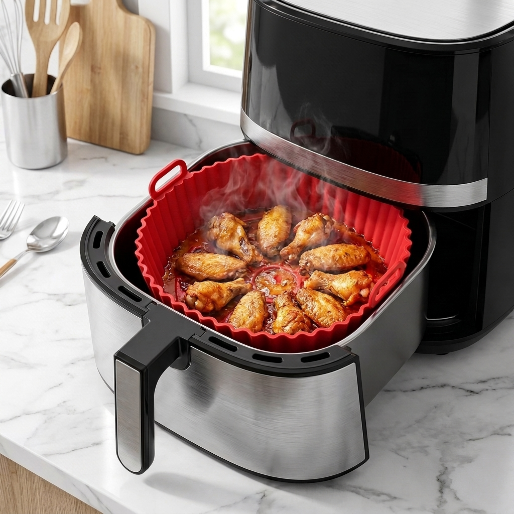 Red silicone air fryer liner inside a basket with chicken wings cooking