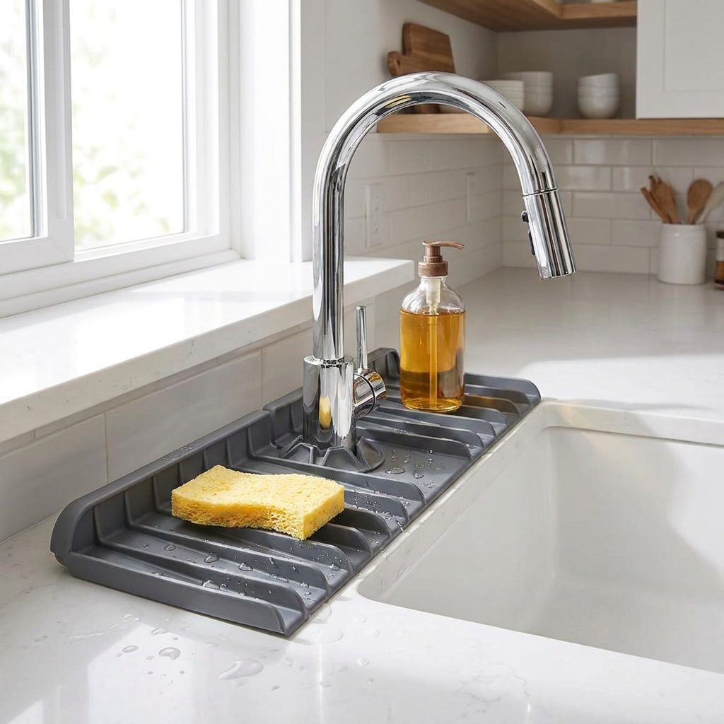 Grey silicone sink mat under a kitchen faucet with sponge and soap
