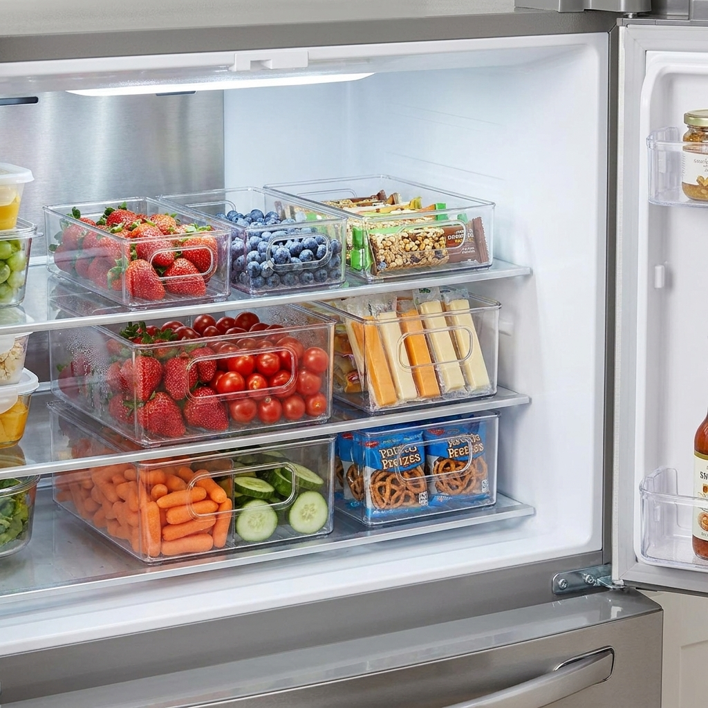 Clear acrylic storage boxes filled with fresh produce inside a refrigerator