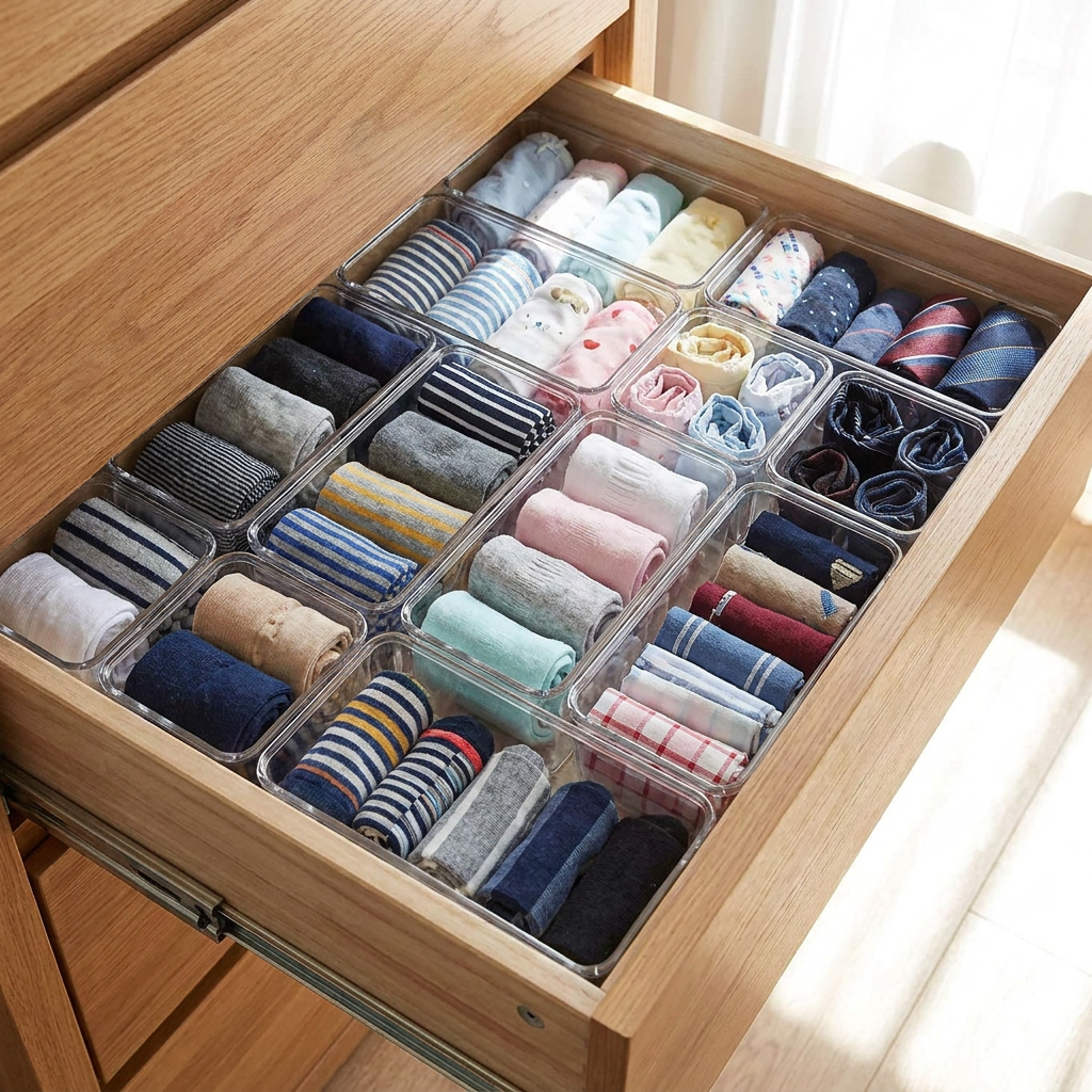Clear drawer dividers installed in an open dresser drawer organizing clothing