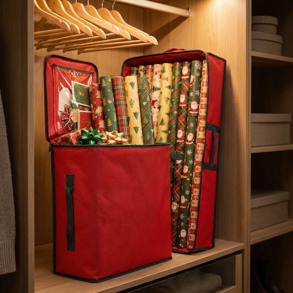 Red wrapping paper storage bag standing upright in a closet