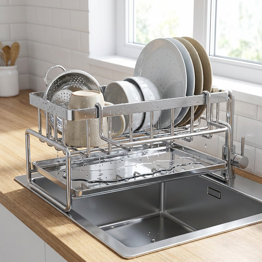 Stainless steel drying rack over a kitchen sink holding wet dishes