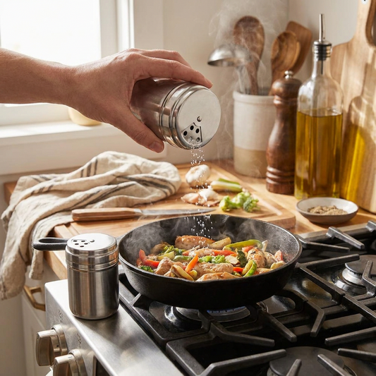 Stainless steel seasoning jar on a kitchen counter with salt being sprinkled onto food