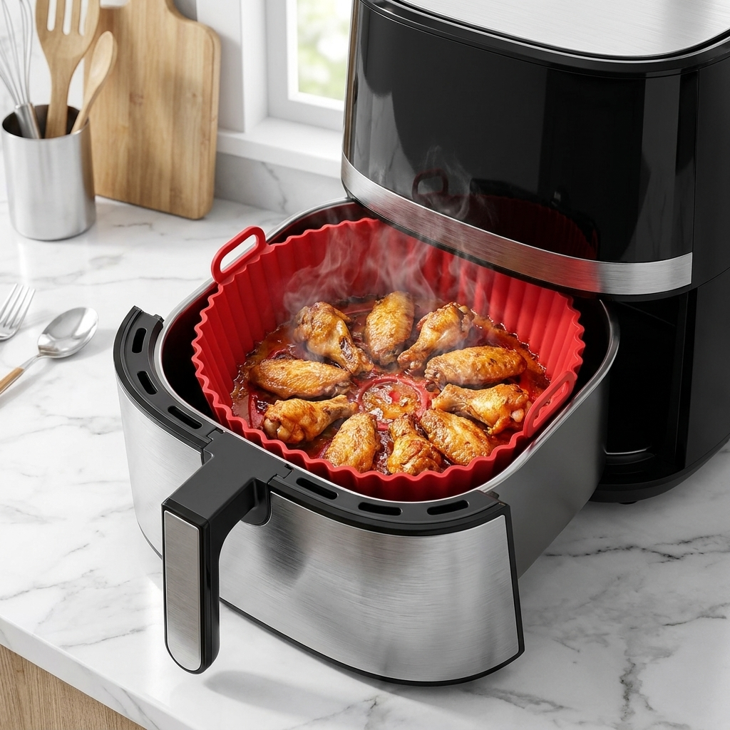 Silicone air fryer liner inside a basket with chicken wings cooking