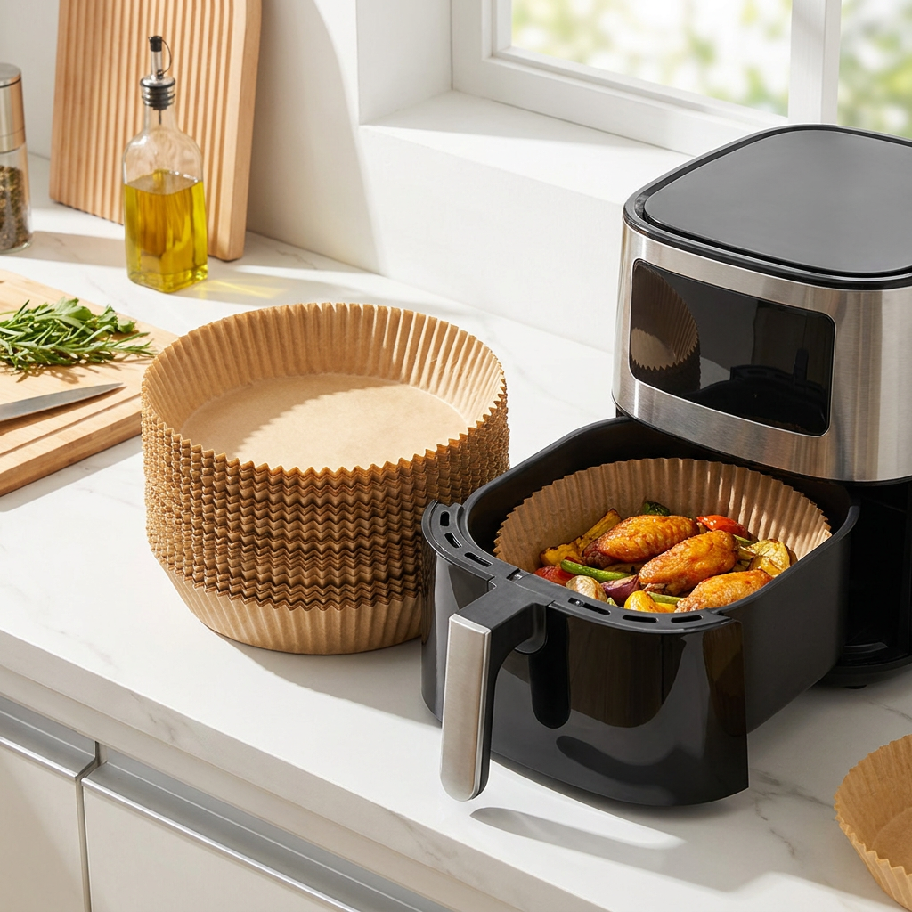 Stack of parchment air fryer liners next to an open air fryer basket