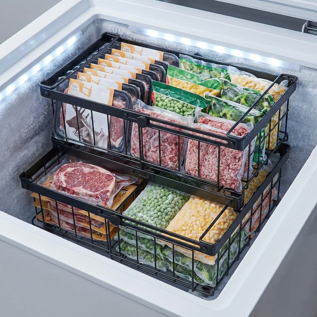 Metal wire freezer bins stacked with sorted frozen food in a chest freezer