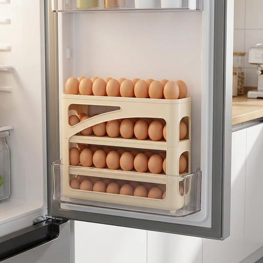 4-tier egg dispenser filled with eggs inside a refrigerator door shelf