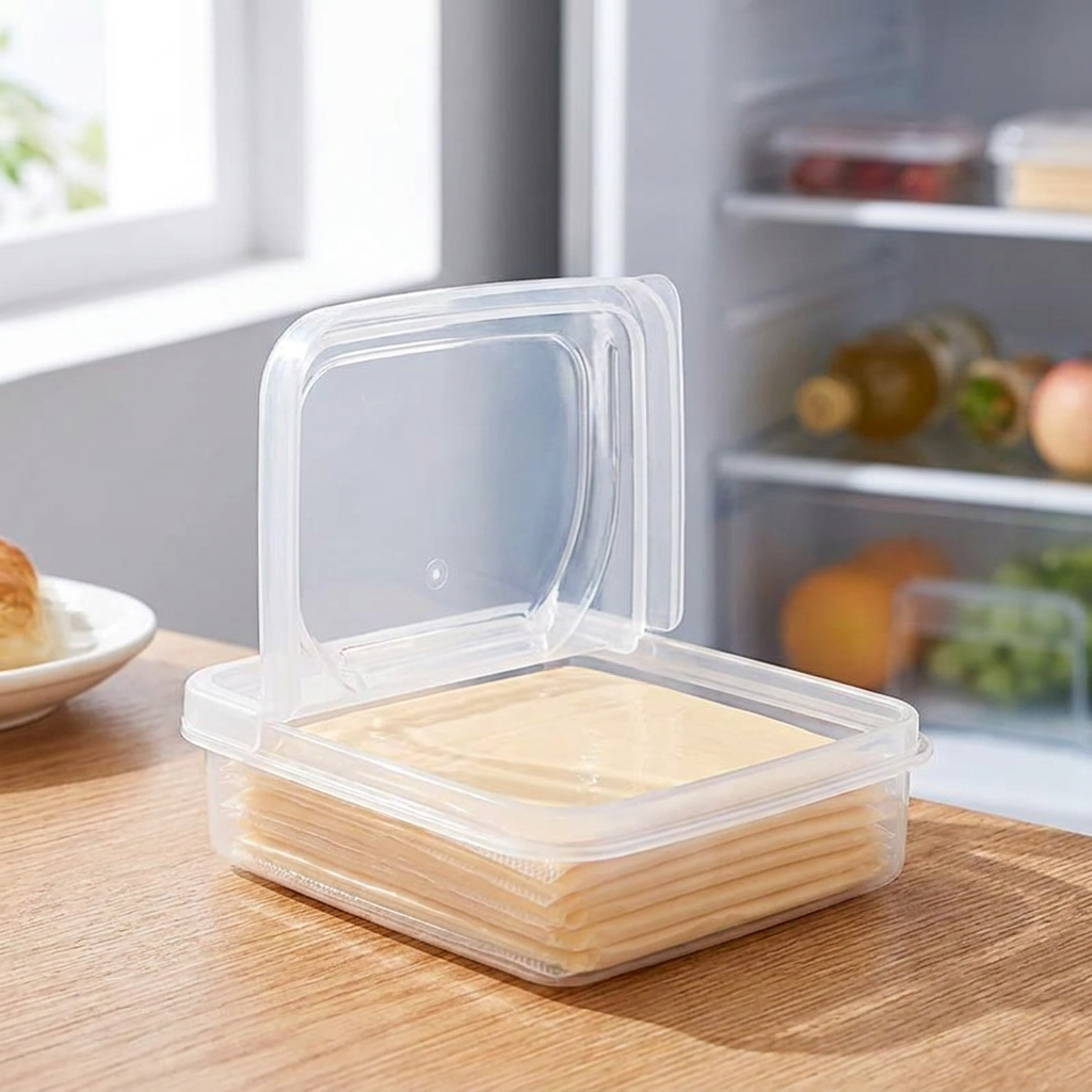 Airtight sliced cheese storage container open with deli cheese stacked inside