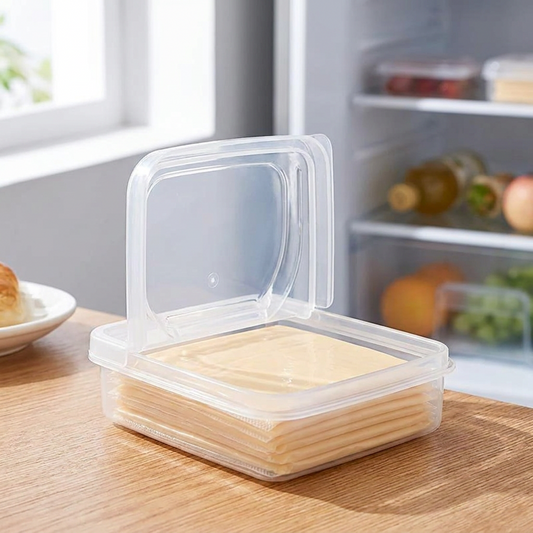 Airtight sliced cheese storage container open with deli cheese stacked inside