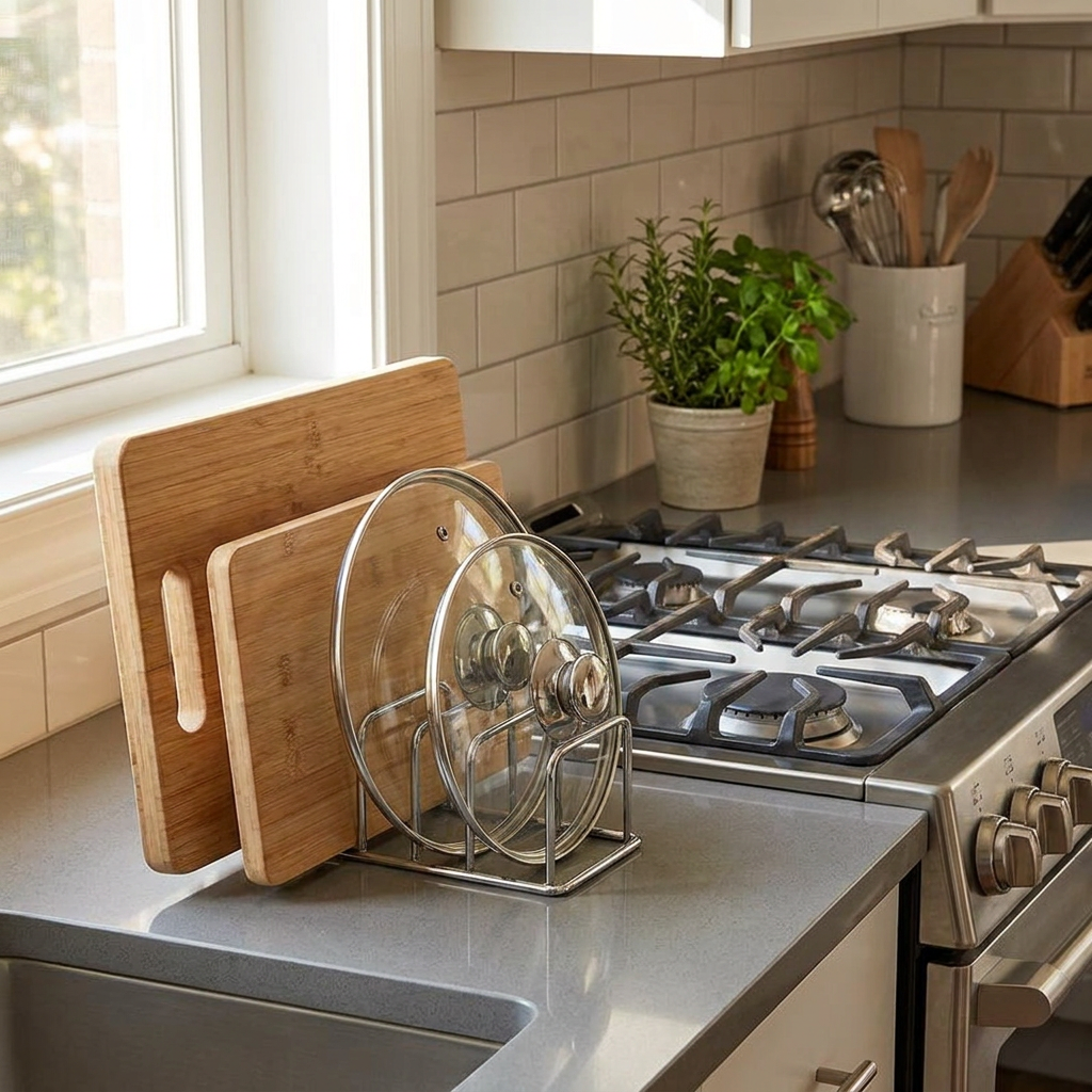 Stainless steel cutting board and pot lid organizer on a kitchen countertop