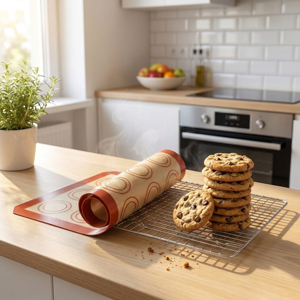 Silicone baking mat rolled up next to fresh baked cookies