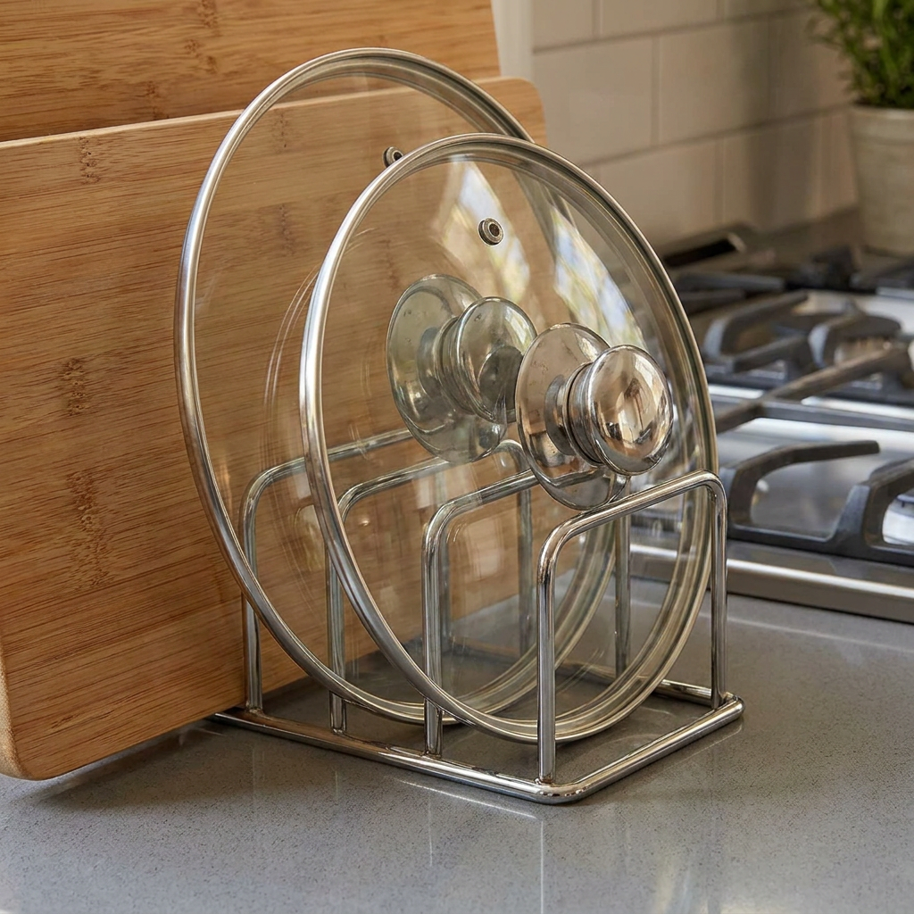 Close-up of stainless steel cutting board organizer construction
