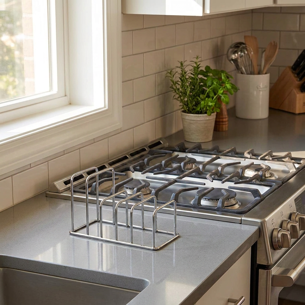 Cutting board organizer styled on kitchen counter near stovetop