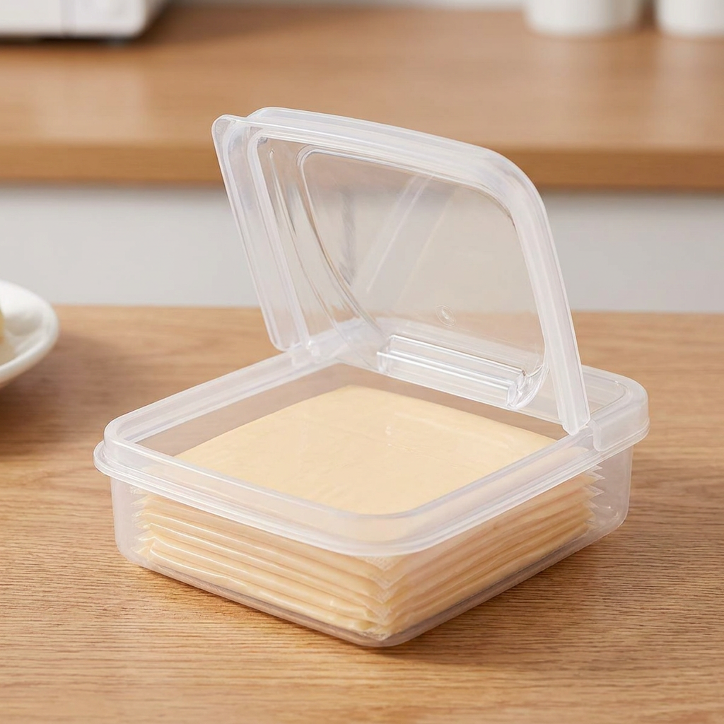Close-up of airtight cheese container flip lid seal detail