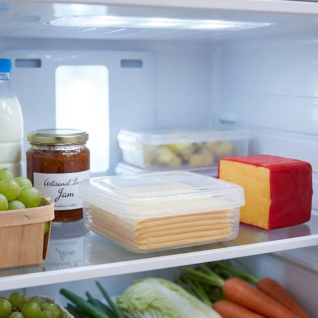 Cheese storage container on a refrigerator shelf with other food