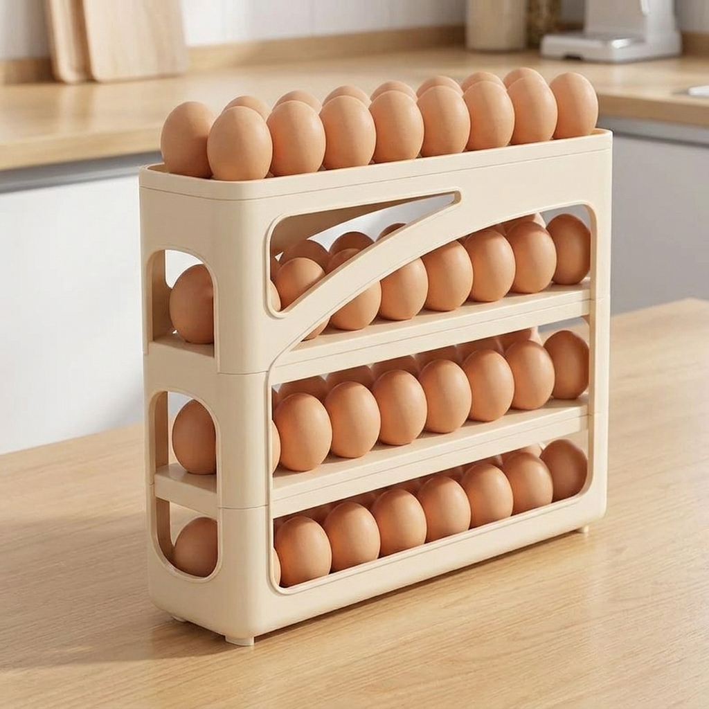 Close-up of 4-tier egg dispenser sliding mechanism