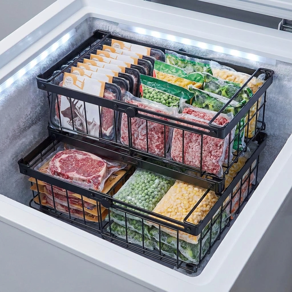 Freezer bin being pulled out of freezer by handle, extended