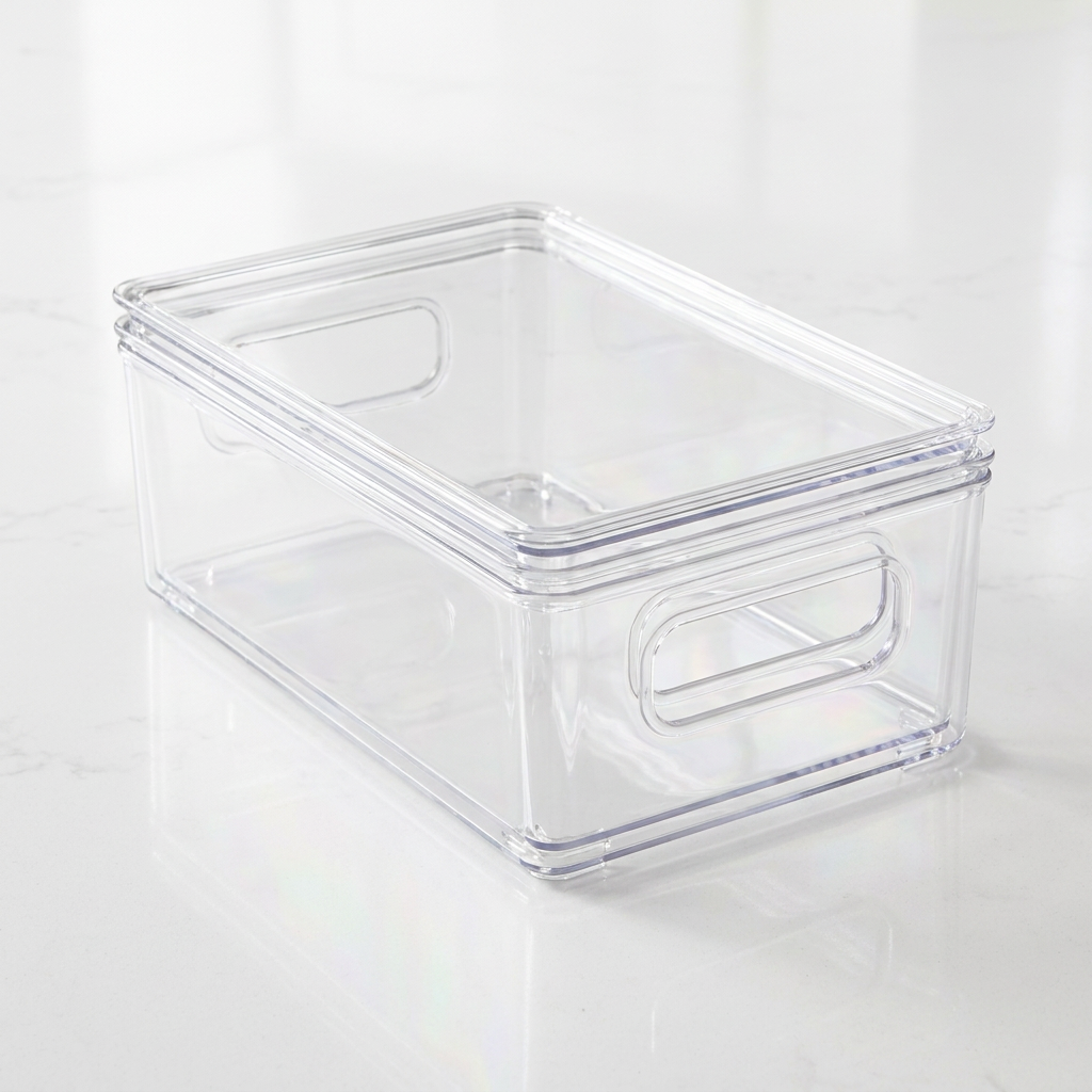 Close-up of clear acrylic storage box transparent material and edges