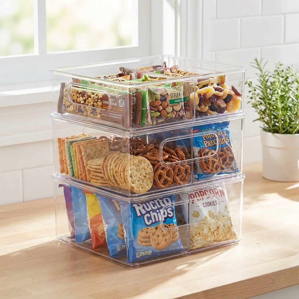 Three stacked acrylic storage boxes filled with pantry snacks