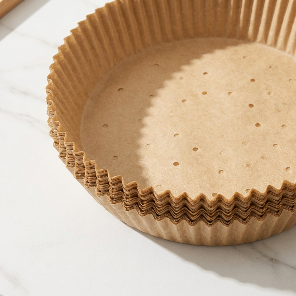 Close-up of round parchment air fryer liner perforated texture