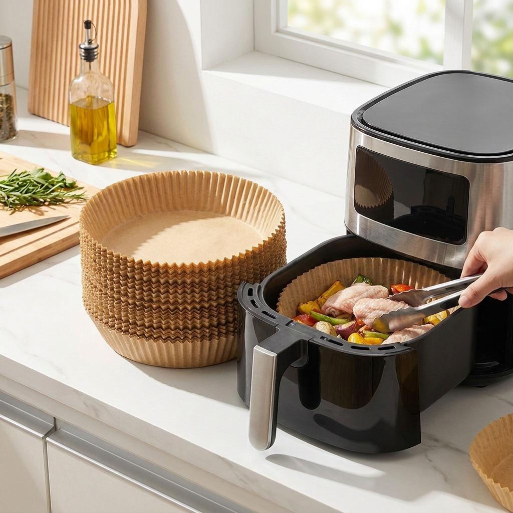 Parchment liner in air fryer basket with food being placed on it