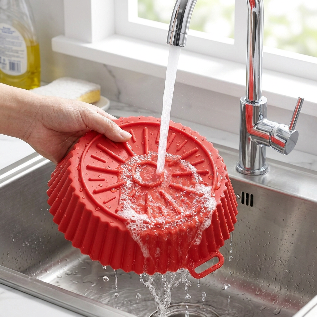 Silicone air fryer liner being washed under running water in sink
