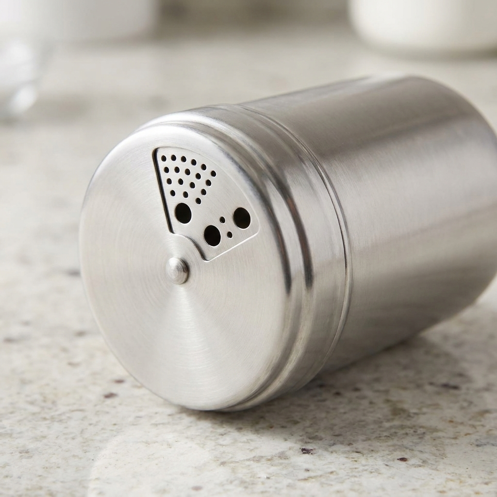 Close-up of stainless steel seasoning jar rotating lid mechanism