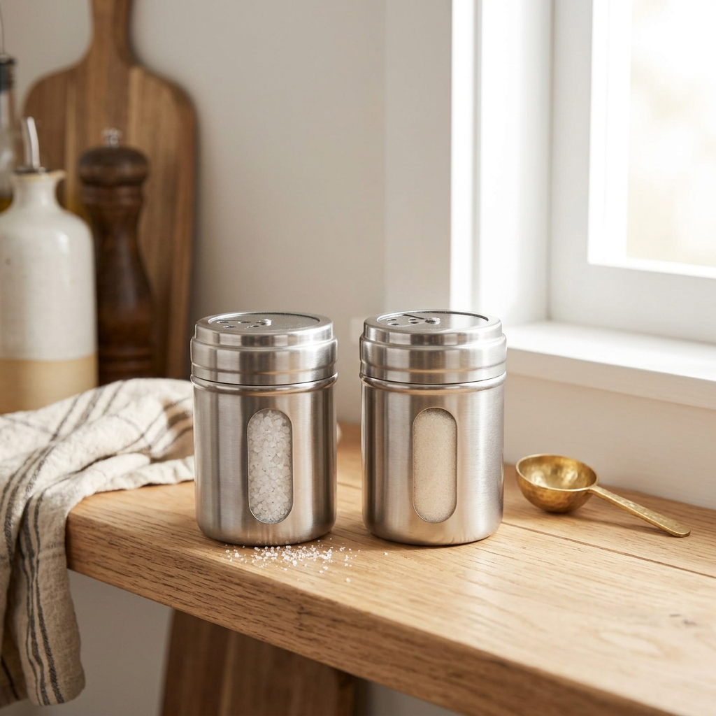 Two seasoning jars on a kitchen shelf holding salt and sugar