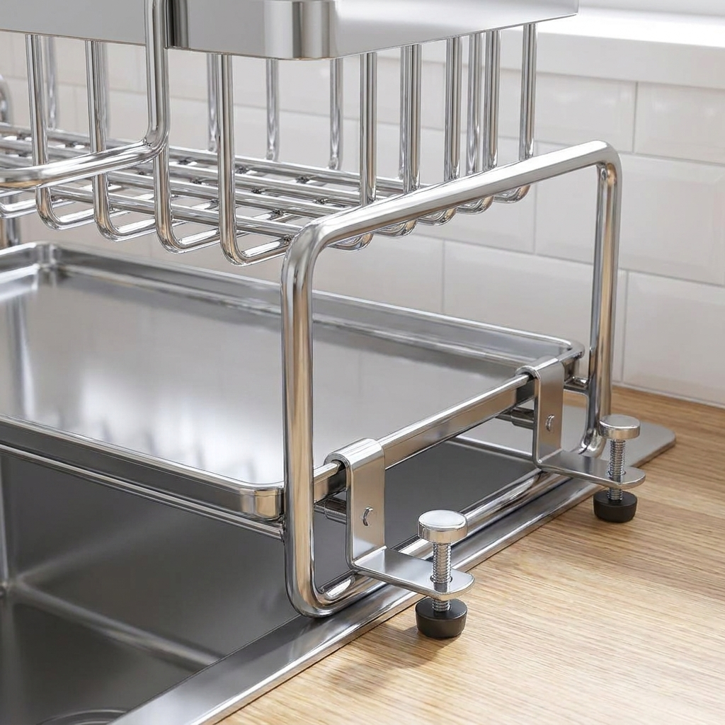 Close-up of stainless steel drying rack rust-resistant finish and hardware