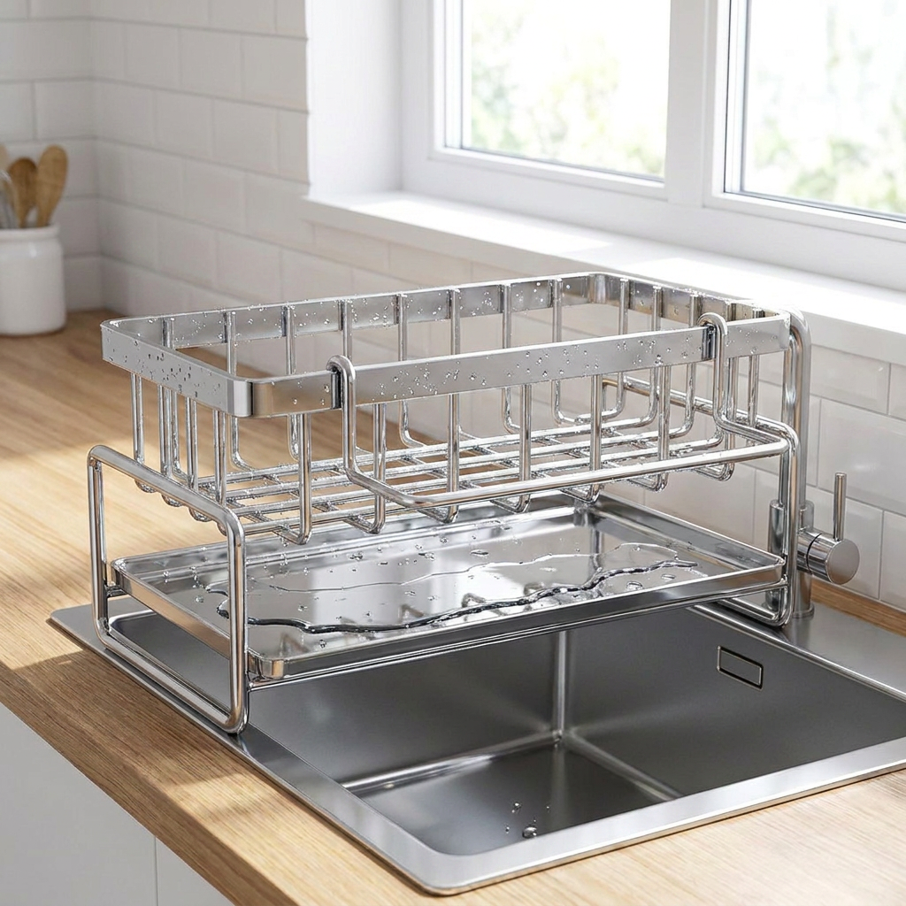 Empty drying rack installed over a kitchen sink, wide angle