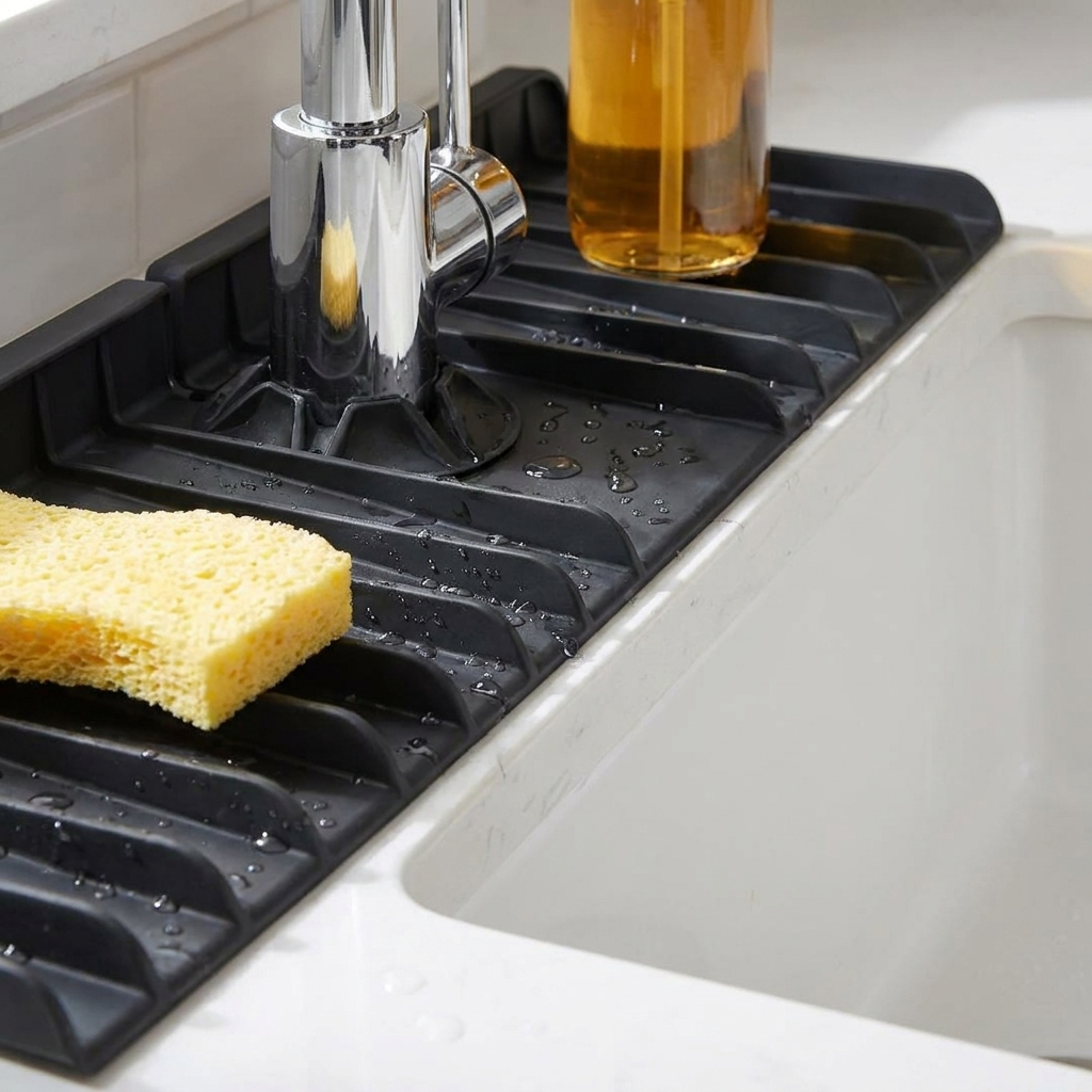 Close-up of silicone sink mat texture and drainage grooves