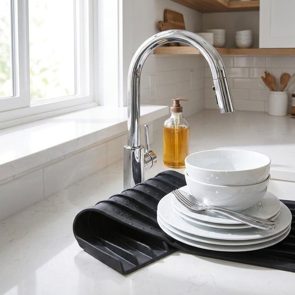 Silicone sink mat folded next to a stack of clean dishes