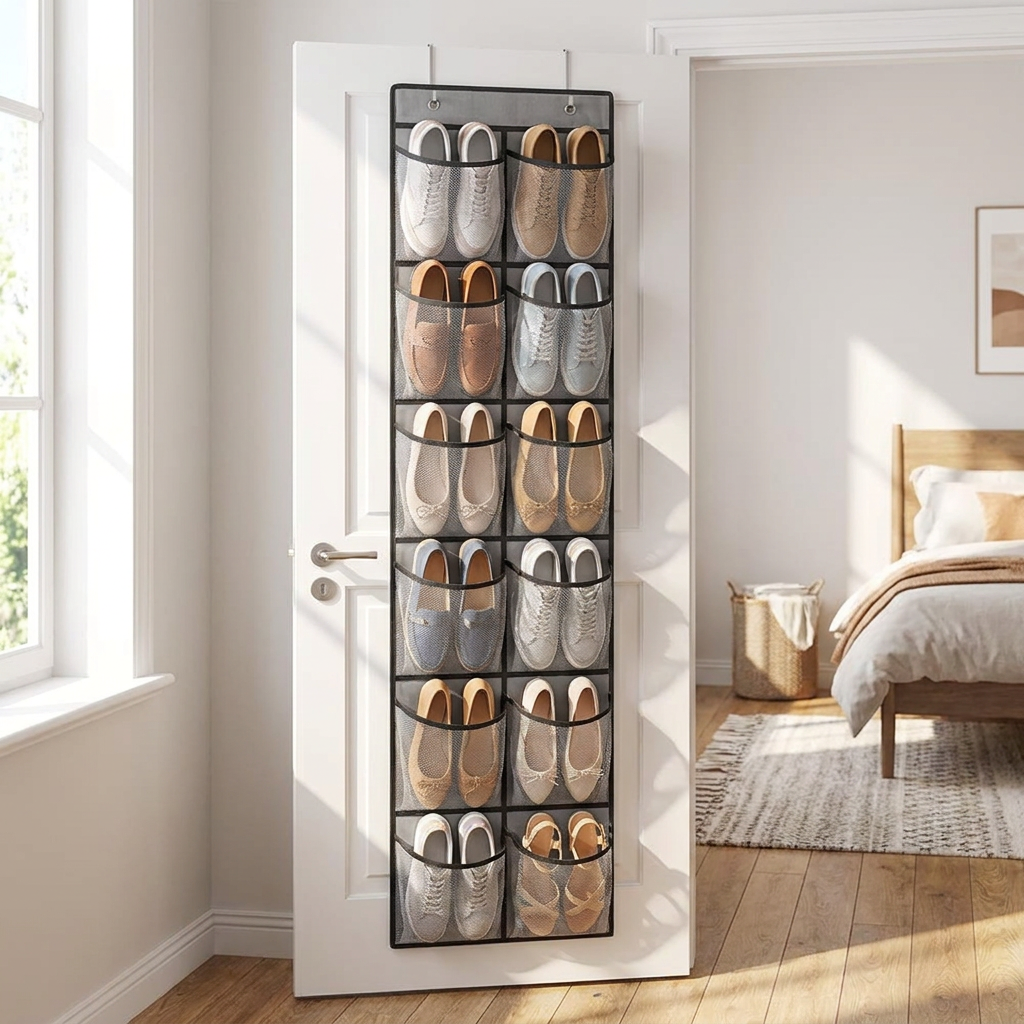 Over the door shoe organizer hanging on a bedroom door filled with shoes