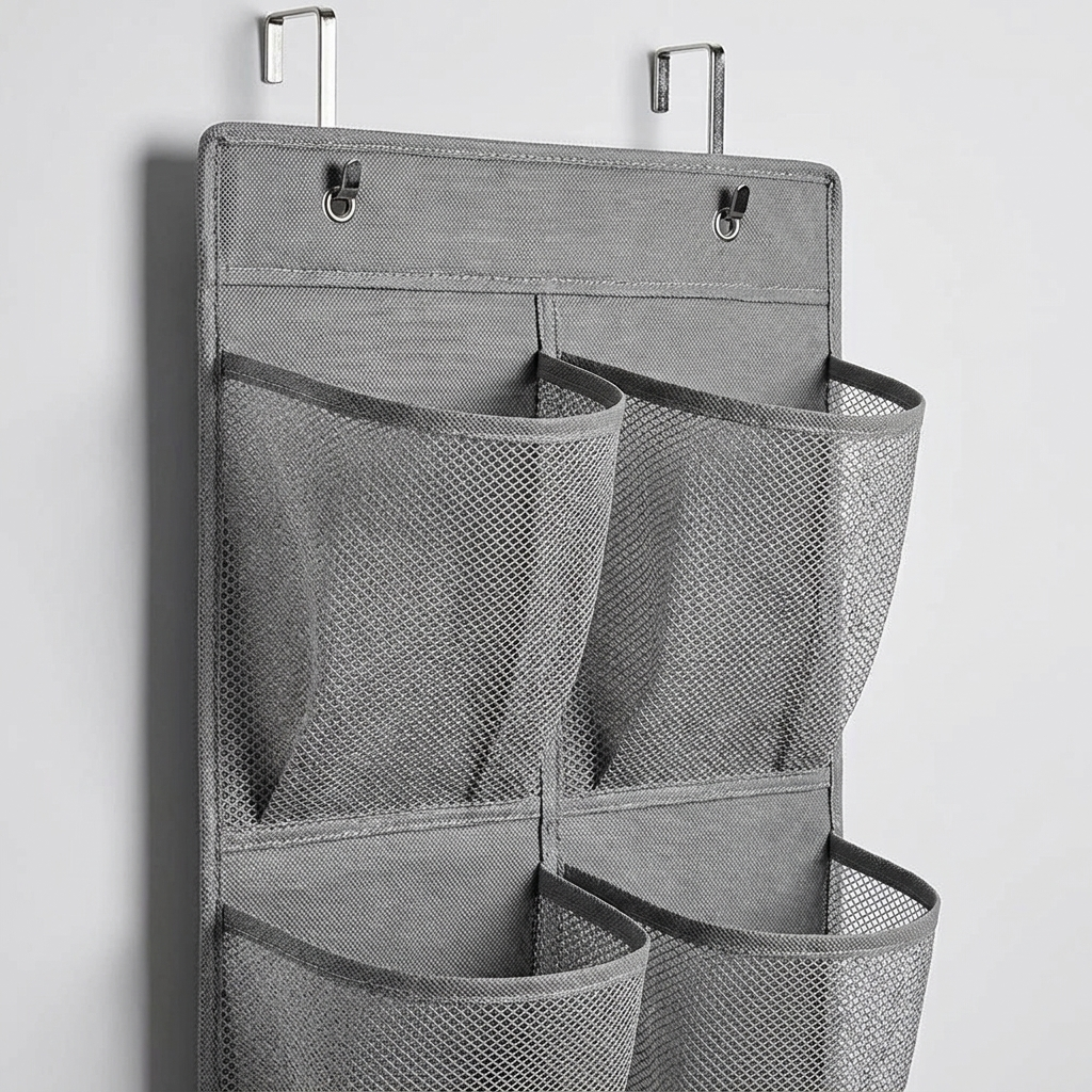 Close-up of shoe organizer mesh pocket texture and hook detail