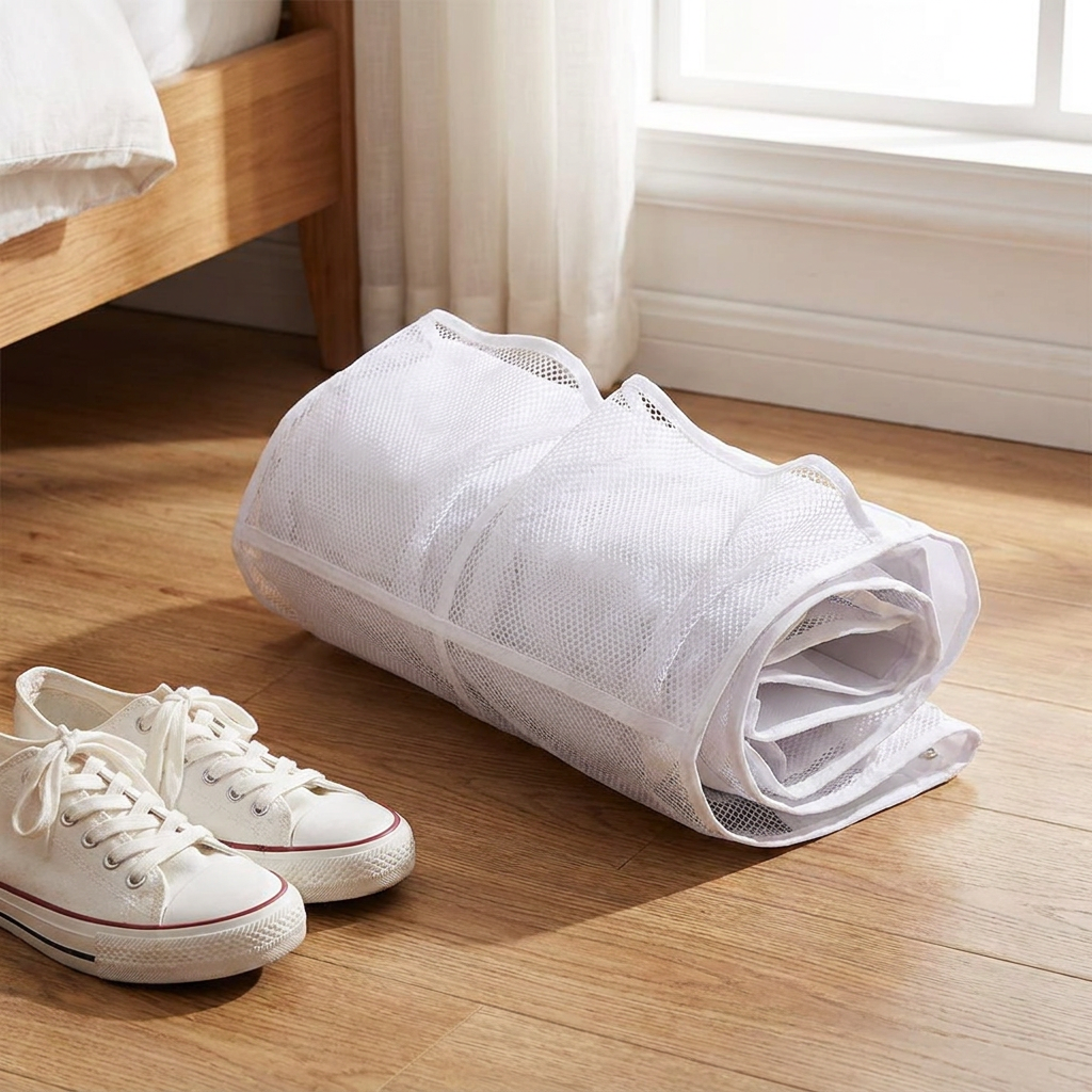 Shoe organizer folded showing flexible fabric material next to sneakers