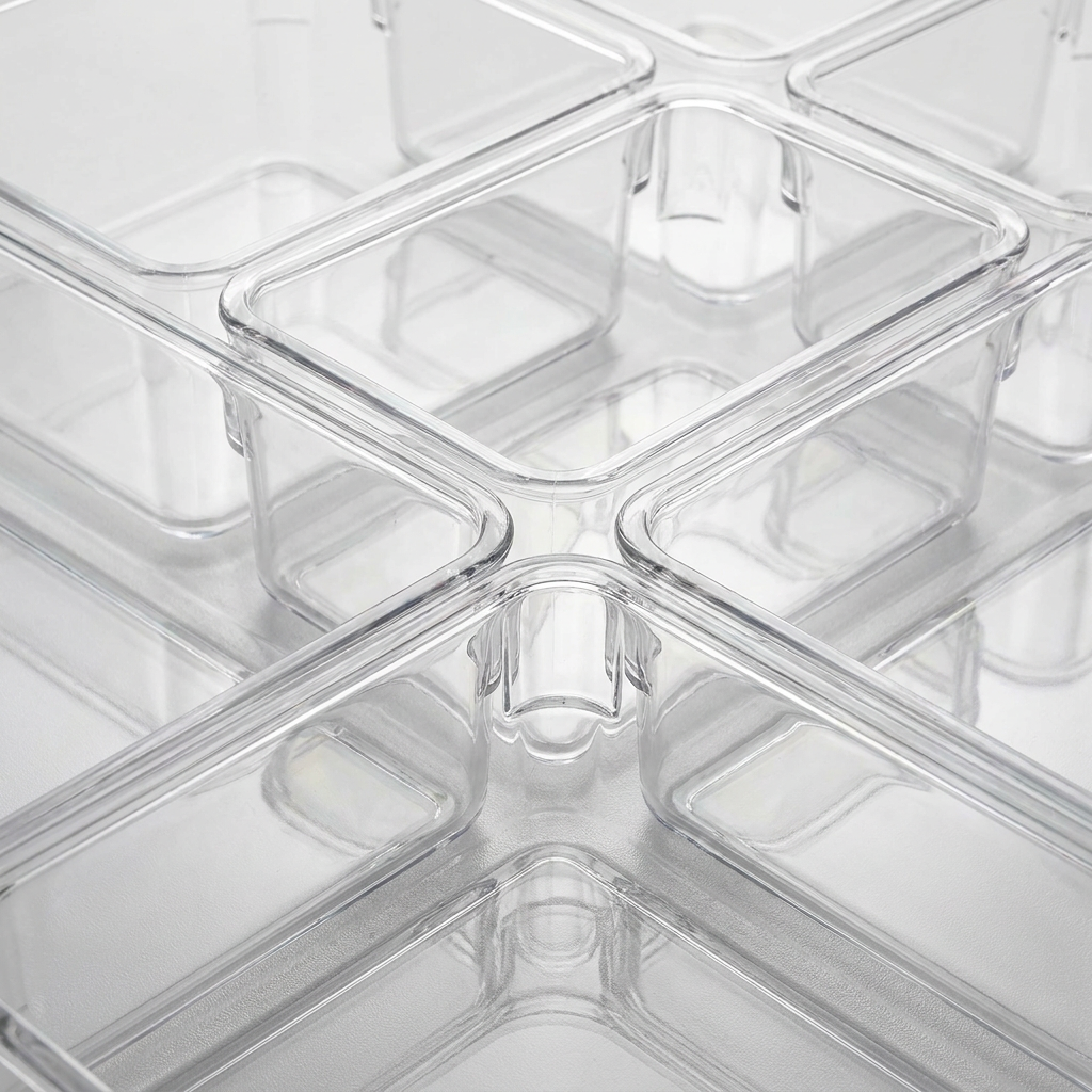 Close-up of transparent drawer divider box interlocking edges
