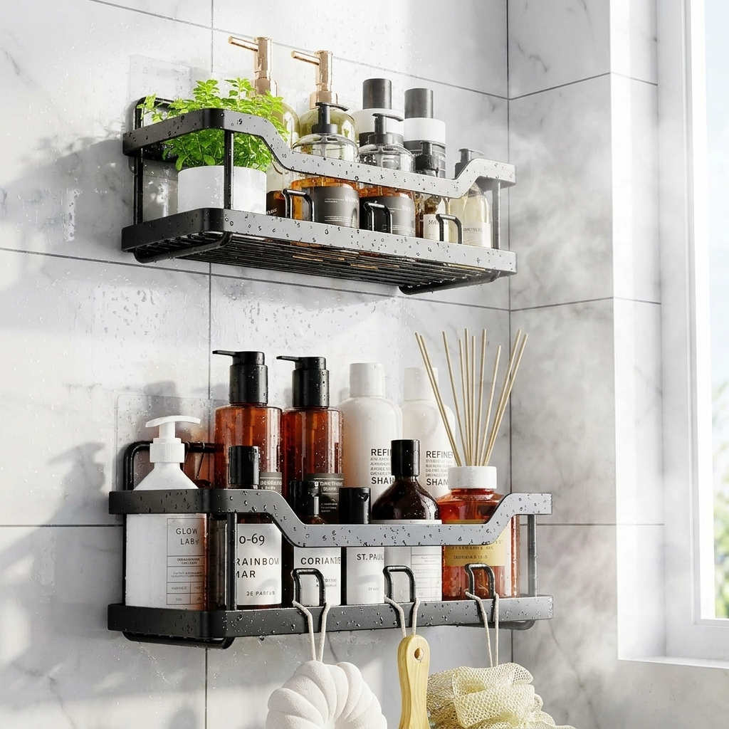 Adhesive shower caddy mounted on shower wall holding shampoo and soap