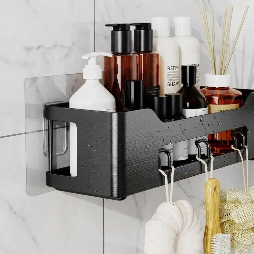 Close-up of stainless steel shower caddy adhesive mount and finish
