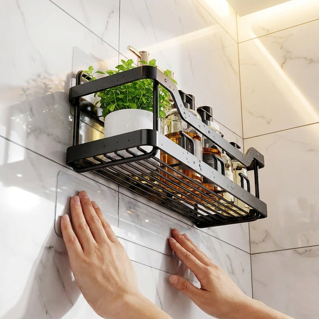 Shower caddy being installed on tile wall without drilling