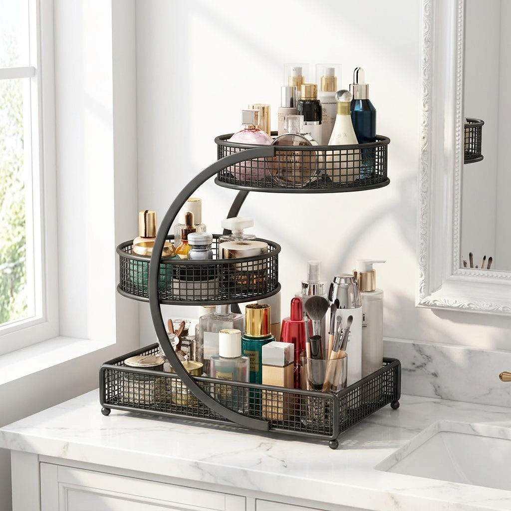 Makeup organizer on bathroom vanity filled with skincare and cosmetics