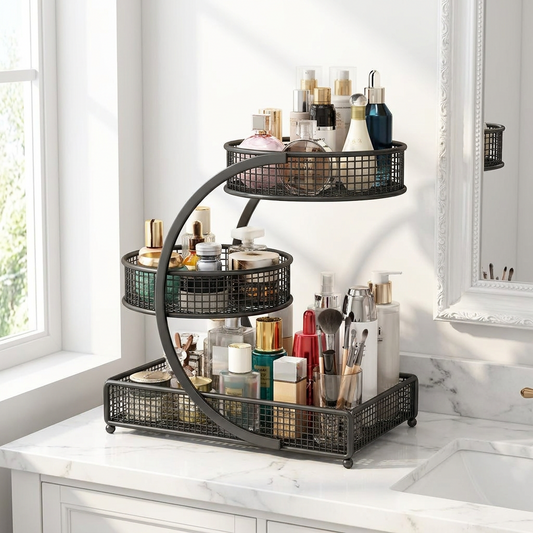 Makeup organizer on bathroom vanity filled with skincare and cosmetics