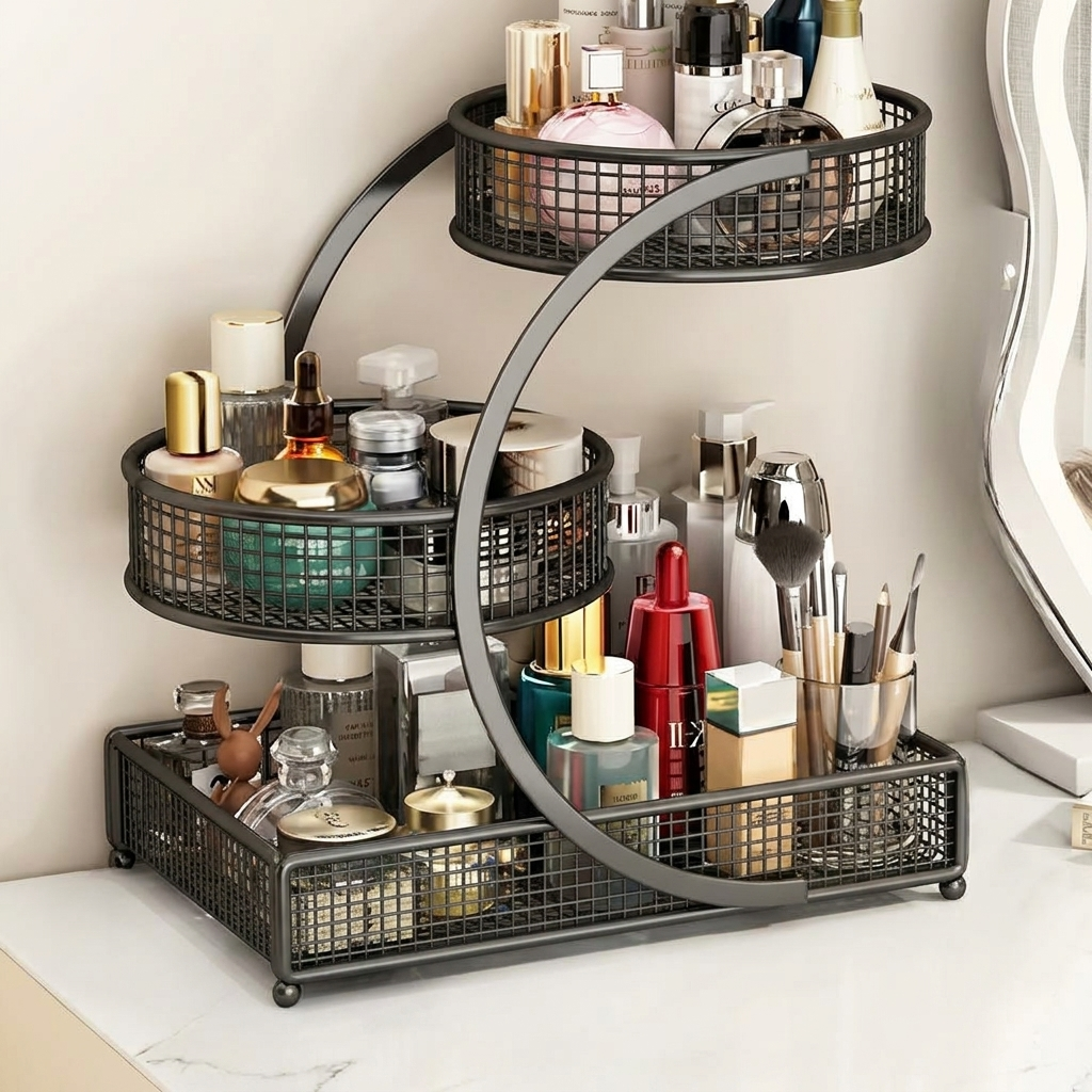Close-up of metal makeup organizer multi-layer shelf construction