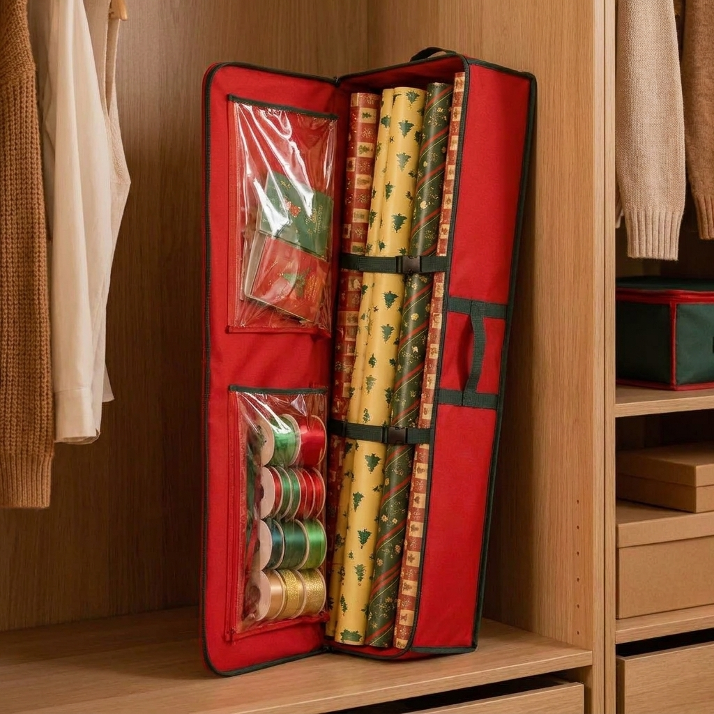 Wrapping paper storage bag standing upright in closet with Christmas gift wrap rolls