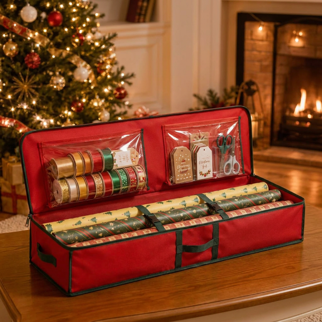 Wrapping paper storage bag pockets open showing ribbon and gift tags