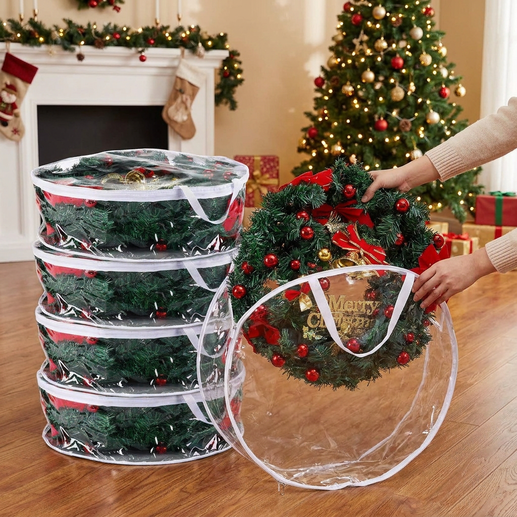 Christmas wreath being placed into wreath storage bag on living room floor