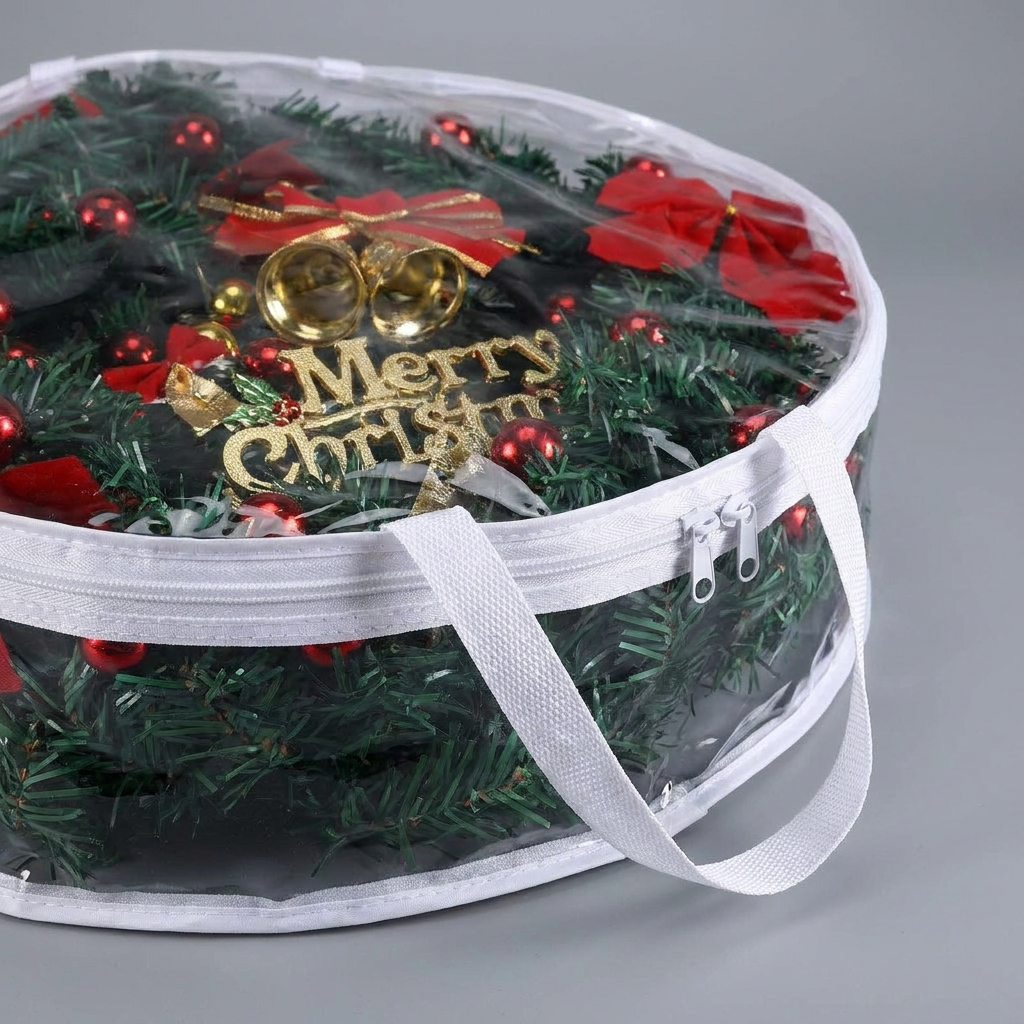 Close-up of wreath storage bag clear panel and double zipper