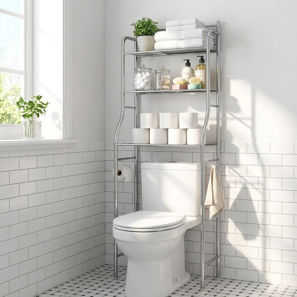 Over the toilet storage shelf in a small bathroom holding towels and toiletries