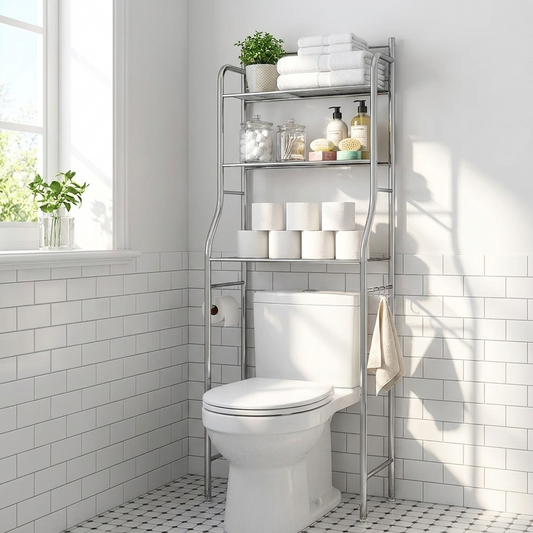 Over the toilet storage shelf in a small bathroom holding towels and toiletries